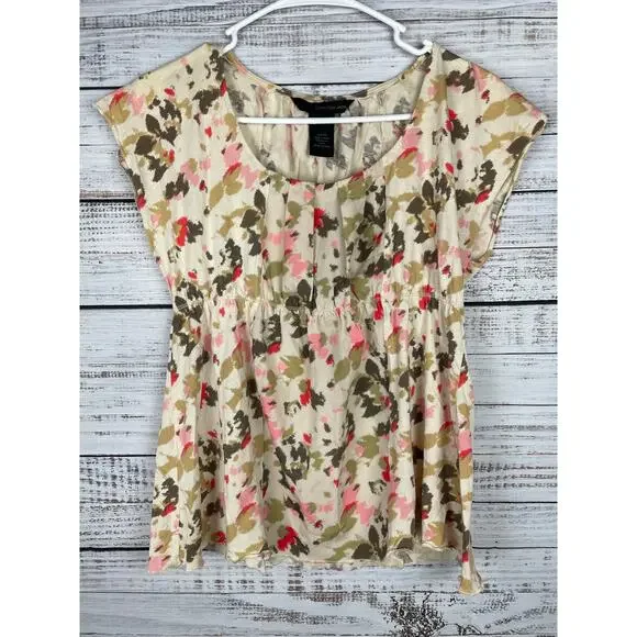 Calvin Klein Babydoll Y2K Top Small Short Sleeves Floral Multicolor Cream 2000s - Picture 1 of 6